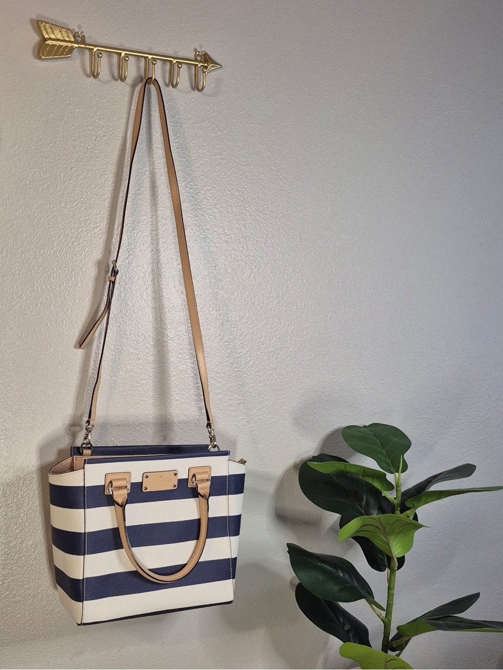 Kate Spade - Navy and White Striped Tote with Tan Trim - Picture 2 of 6
